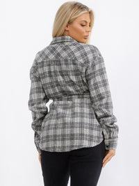 WOMEN'S LONG SLEEVE BUTTON UP SELF TIE FRONT POCKETS PLAID TOP