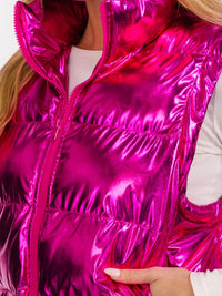WOMEN'S SLEEVELESS ZIP UP FRONT POCKETS METALLIC PUFFER VEST
