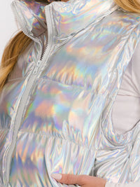 WOMEN'S SLEEVELESS ZIP UP FRONT POCKETS METALLIC PUFFER VEST