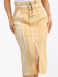 WOMEN'S BUTTON CLOSURE FRONT BELT TWO TONE SLIT MIDI SKIRT