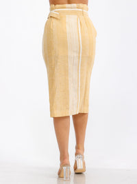 WOMEN'S BUTTON CLOSURE FRONT BELT TWO TONE SLIT MIDI SKIRT