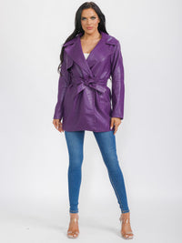 WOMEN'S LONG SLEEVE BUTTON CLOSURE FRONT POCKETS PU PLEATHER COAT