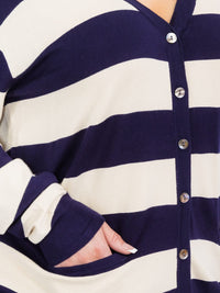 PLUS SIZE LONG SLEEVE FRONT POCKETS BUTTON UP COLORBLOCK STRIPES CARDIGAN