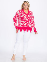 PLUS SIZE LONG SLEEVES V-NECK PULLOVER COLORBLOCK ANIMAL PRINT SWEATER