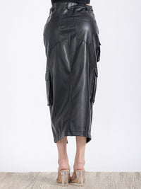 WOMEN'S BUTTON CLOSURE POCKETS PU PLEATHER MIDI SKIRT