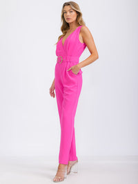 WOMEN'S SLEEVELESS SURPLICE BELTED FRONT POCKETS WIDE LEG JUMPSUIT