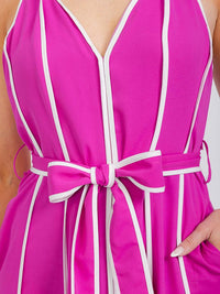 WOMEN'S SLEEVELESS V-NECK SELF TIE FRONT POCKETS COLORBLOCK MAXI DRESS