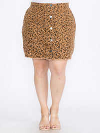 PLUS SIZE BUTTON UP FRONT POCKETS ANIMAL PRINT DENIM MINI SKIRT
