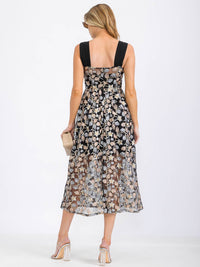 WOMEN'S SLEEVELESS EMBROIDERY FLORAL PRINT MIDI DRESS
