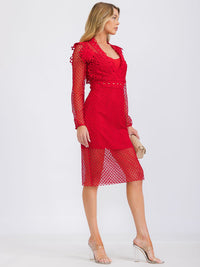 WOMEN'S LONG SLEEVE V-NECK ALL OVER LACE MIDI DRESS
