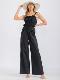 WOMEN'S SLEEVELESS RUCHED FRONT POCKETS WIDE LEG JUMPSUIT