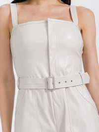 WOMEN'S SLEEVELESS ZIPPER CLOSURE POCKETS FRONT BELT PU PLEATHER ROMPER