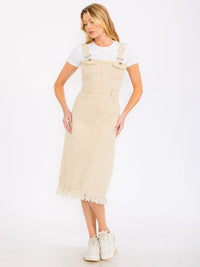 WOMEN'S SLEEVELESS FRONT POCKETS RAW EDGE DENIM MIDI DRESS