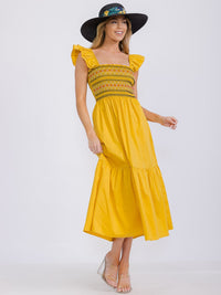 WOMEN'S SLEEVELESS SQUARE NECK SMOCK FRONT POCKETS TIERED MAXI DRESS