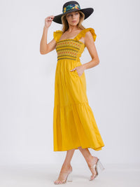 WOMEN'S SLEEVELESS SQUARE NECK SMOCK FRONT POCKETS TIERED MAXI DRESS