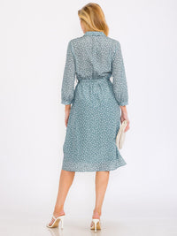 WOMEN'S 3/4 SLEEVE BUTTON UP SELF TIE POLKA DOTS PRINT MIDI DRESS