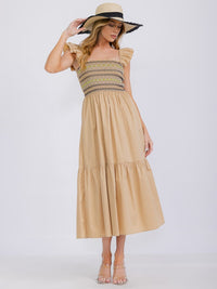 WOMEN'S SLEEVELESS SQUARE NECK SMOCK FRONT POCKETS TIERED MAXI DRESS