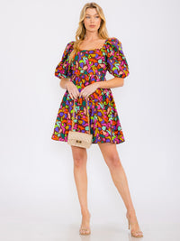 WOMEN'S SHORT SLEEVES SQUARE NECK MULTI PRINT TUNIC MINI DRESS