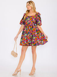 WOMEN'S SHORT SLEEVES SQUARE NECK MULTI PRINT TUNIC MINI DRESS