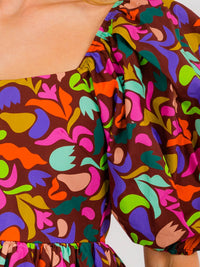 WOMEN'S SHORT SLEEVES SQUARE NECK MULTI PRINT TUNIC MINI DRESS