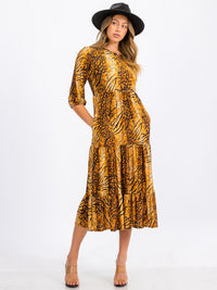 WOMEN'S 3/4 SLEEVE FRONT POCKETS MULTI PRINT TIERED MIDI DRESS