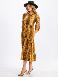 WOMEN'S 3/4 SLEEVE FRONT POCKETS MULTI PRINT TIERED MIDI DRESS