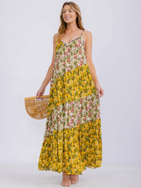 WOMEN'S SLEEVELESS V-NECK TIERED FLORAL MAXI DRESS