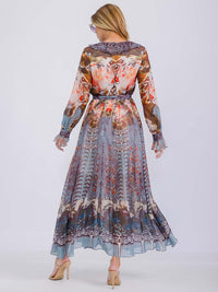 WOMEN'S LONG SLEEVE V-NECK RUFFLE MULTI PRINT MAXI DRESS
