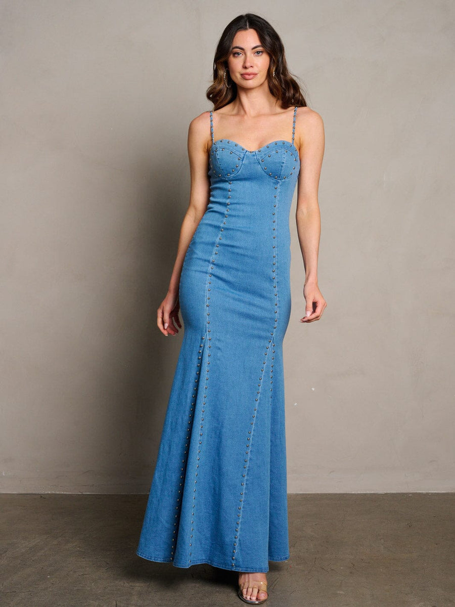 WOMEN'S SLEEVELESS BODYCON STUDS DETAILES DENIM MAXI DRESS