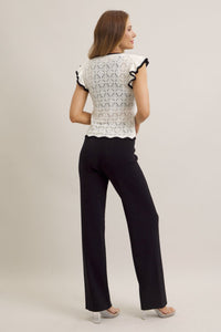 WOMEN'S RUFFLE SLEEVE CROCHET BLOUSE & ELASTIC WAIST WIDE LEG PANTS COLORBLOCK 2PC. SET