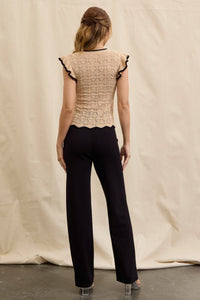 WOMEN'S RUFFLE SLEEVE CROCHET BLOUSE & ELASTIC WAIST WIDE LEG PANTS COLORBLOCK 2PC. SET