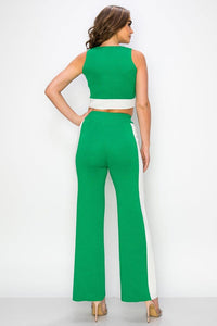 *******WOMEN'S SLEEVELESS CROP TOP & ELASTIC WAIST WIDE LEG PANTS COLORBLOCK 2PC. SET