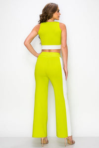 *******WOMEN'S SLEEVELESS CROP TOP & ELASTIC WAIST WIDE LEG PANTS COLORBLOCK 2PC. SET