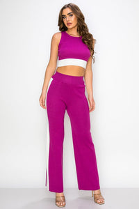WOMEN'S SLEEVELESS CROP TOP & ELASTIC WAIST WIDE LEG PANTS COLORBLOCK 2PC. SET