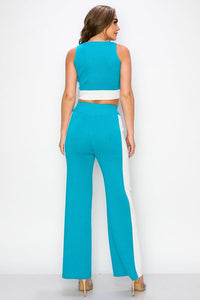 *******WOMEN'S SLEEVELESS CROP TOP & ELASTIC WAIST WIDE LEG PANTS COLORBLOCK 2PC. SET