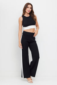 WOMEN'S SLEEVELESS CROP TOP & ELASTIC WAIST WIDE LEG PANTS COLORBLOCK 2PC. SET