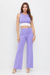 *******WOMEN'S SLEEVELESS CROP TOP & ELASTIC WAIST WIDE LEG PANTS COLORBLOCK 2PC. SET