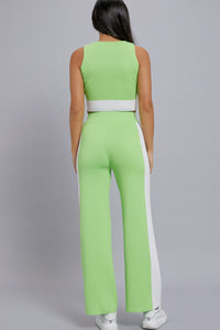 *******WOMEN'S SLEEVELESS CROP TOP & ELASTIC WAIST WIDE LEG PANTS COLORBLOCK 2PC. SET