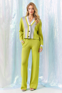WOMEN'S LONG SLEEVE BUTTON UP SWEATER & ELASTIC WAIST WIDE LEG PANTS RIBBED 2PC. SET