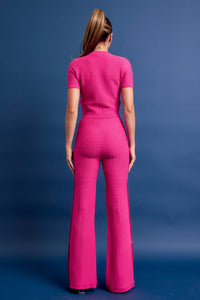 WOMEN'S SHORT SLEEVE BLOUSE & ELASTIC WAIST WIDE LEG PANTS RIBBED 2PC. SET