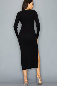 WOMEN'S LONG SLEEVE SIDE SLIT CUT OUT RIBBED BODYCON MIDI DRESS