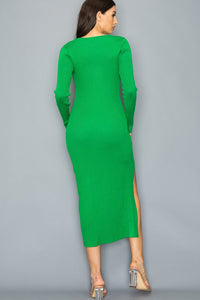 WOMEN'S LONG SLEEVE SIDE SLIT CUT OUT RIBBED BODYCON MIDI DRESS