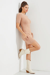 WOMEN'S SHORT SLEEVE CABLE RIBBED BODYCON MINI DRESS
