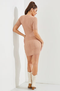 WOMEN'S SHORT SLEEVE CABLE RIBBED BODYCON MINI DRESS