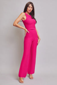 WOMEN'S SLEEVELESS TANK TOP & ELASTIC WAIST WIDE LEG PANTS RIBBED 2PC. SET