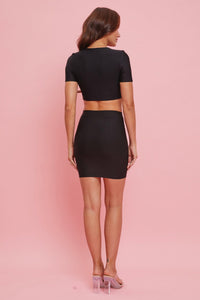 WOMEN'S SHORT SLEEVE CROP TOP & ELASTIC WAIST MINI SKIRT BANDAGE 2PC. SET