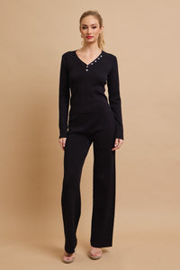 WOMEN'S LONG SLEEVE V-NECK TOP & ELASTIC WAIST WIDE LEG PANTS RIBBED 2PC. SET
