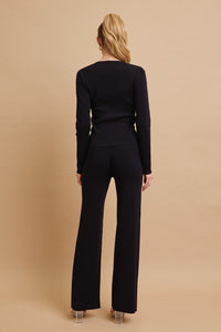 WOMEN'S LONG SLEEVE V-NECK TOP & ELASTIC WAIST WIDE LEG PANTS RIBBED 2PC. SET