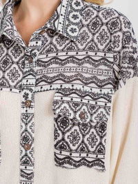 WOMEN'S LONG SLEEVE FRONT POCKET BUTTON CLOSURE MULTI PRINT TOP