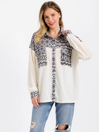 WOMEN'S LONG SLEEVE FRONT POCKET BUTTON CLOSURE MULTI PRINT TOP